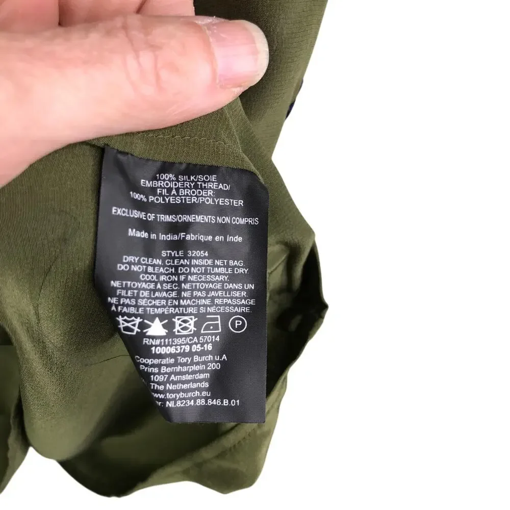 Tory Burch Camille Embroidered Silk Blouse Womens Size 0 Olive Green‎ boho chic